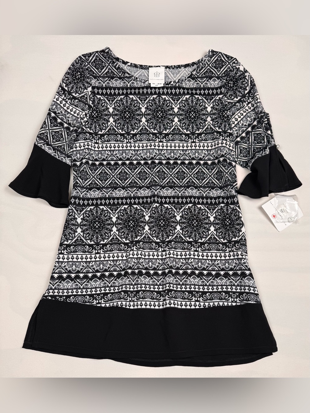NWT Papillon Blanc Black Whit Tunic 3/4 Sleeve Women’s L Retail $103